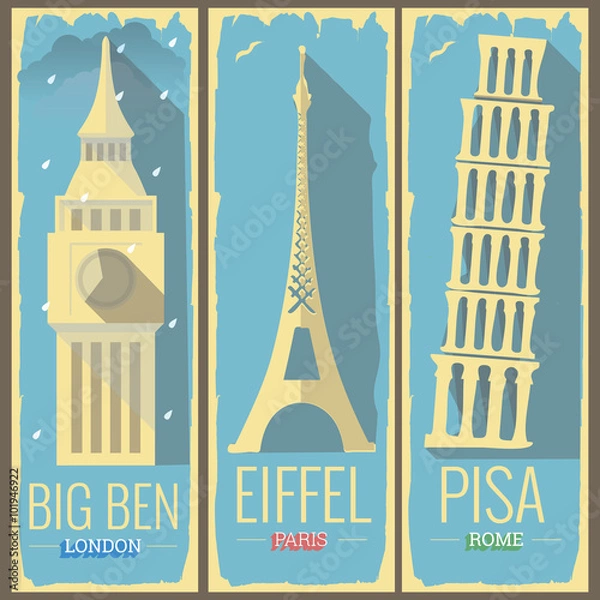 Fototapeta big ben tower london, eiffel tower paris and pisa tower rome ico