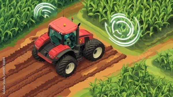 Fototapeta Farmer operates a tractor equipped with GPS technology, precisely planting corn in rows. Efficient, tech-driven agriculture.