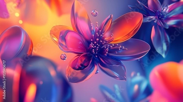 Fototapeta Colorful, vibrant flowers floating in a surreal environment with soft lighting in a dreamlike setting