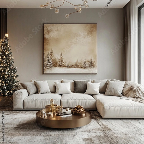 Fototapeta Modern living room with minimalist Christmas decor featuring cozy sectional sofa, elegant artwork, and beautifully decorated tree, creating warm and inviting atmosphere