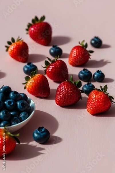 Fototapeta Fresh Summer Berries and Blueberries on Pink Background.