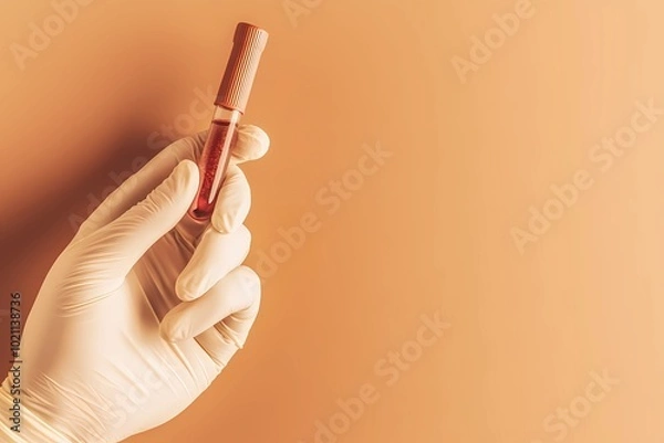 Fototapeta Blood test tube held by a laboratory technician, ideal for medical diagnostics, healthcare research, and clinical testing visuals.