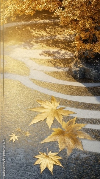 Fototapeta Golden japanese maple leaves in serene zen garden setting for spring inspiration