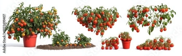 Fototapeta Set of tomato plants in pots and growing on the soil, isolated on a white background. Detailed