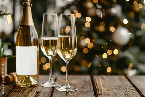 Fototapeta Close-up two glasses of champagne and bottle on a festive table. The bottle is labeled with a white label with a blank copy space, mock-up. In the background bokeh of Christmas shades. Selective focus