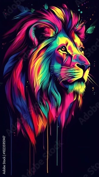 Fototapeta Lion, Illuminated in Neon Light Form, Black Background, Abstract Image, Texture, Pattern Background, Wallpaper, Cover and Screen of Smartphone, PC, Laptop, 9:16 and 16:9 Format