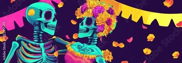 Fototapeta Colorful skeletons celebrate together in a vibrant, festive atmosphere, embodying joy and cultural traditions.