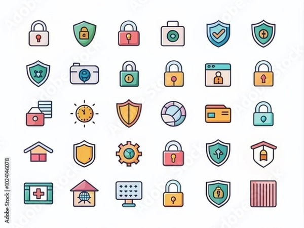 Fototapeta shield, lock, password, and camera symbols set on a clean white background, emphasizing safety, privacy, and digital security.