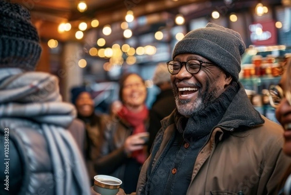 Fototapeta Portrait of a smiling senior man with a cup of coffee on the background of a crowd of people