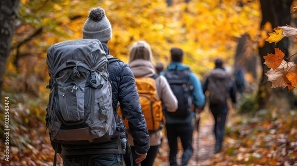 Fototapeta Friends Hiking in Autumn Forest Trails