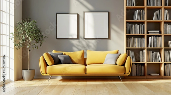 Fototapeta Modern living room interior design scandinavian style, yellow color sofa, grey color pillows, lamp and bookshelf with books, decoration with trees.