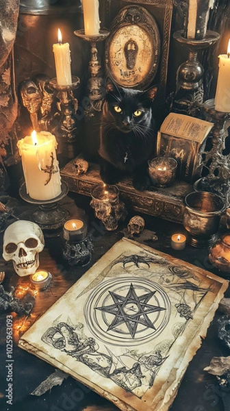 Fototapeta Witch's Altar Journal Page, central witch's altar image featuring candles, skulls, pentagrams, black cat, rich dark colors, textured aged parchment, burnt edges