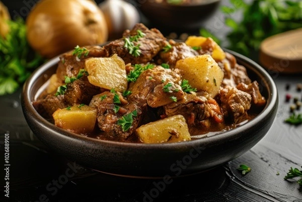 Fototapeta Steaming Bowl of Beef Goulash - Delicious Traditional Food Photography on Dark Table