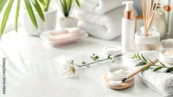 Fototapeta A serene spa setting with an aromatic theme featuring face creams incense and essential oils arranged on a white wooden table with room for additional image