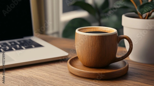 Fototapeta A rustic wooden cup filled with coffee on a modern desk beside a laptop and a potted plant, perfect for a cozy work atmosphere.