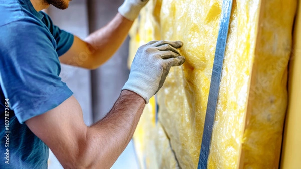 Fototapeta Worker installs yellow rock wool insulation in a metal-framed wall for effective heat protection in commercial construction