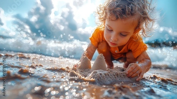 Fototapeta Joyful child crafting a sandcastle at the beach during a sunny day, waves gently lapping in the background