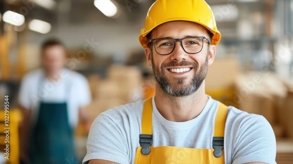 Fototapeta A content construction worker wearing glasses and a hard hat, smiling broadly while working in a busy workshop filled with building materials.