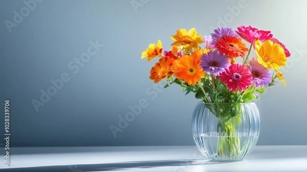 Fototapeta A vibrant bouquet of mixed flowers in a glass vase, placed against a simple, minimalist background, ideal for lifestyle and decor images