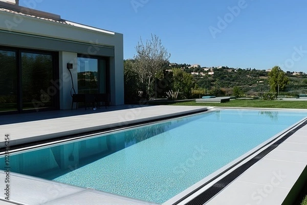 Fototapeta Modern house pool view, outdoor pool, luxury pool, sunny day, backyard open view, peaceful pool, elegant house exterior