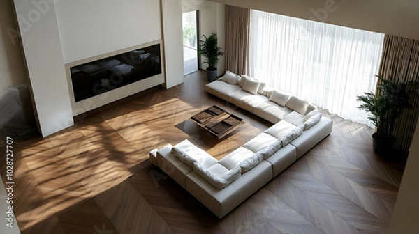 Fototapeta Modern living room with a cozy sectional and wooden flooring.