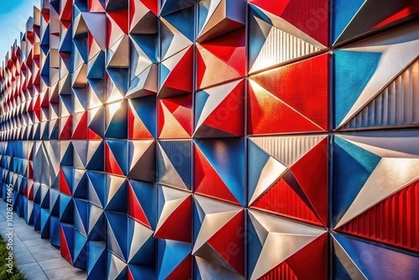 Fototapeta Modern Abstract Wall Art Panel with Geometric Shapes in Red, White, and Blue - Close-Up Silhouette Photography