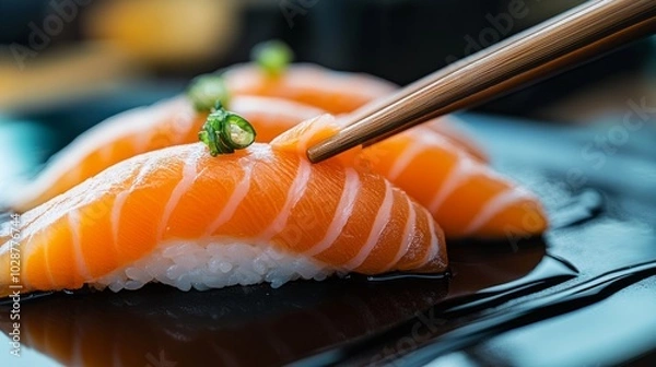 Fototapeta Delicate salmon sashimi slices with a hint of garnish, chopsticks ready to lift, and soy sauce reflecting softly.