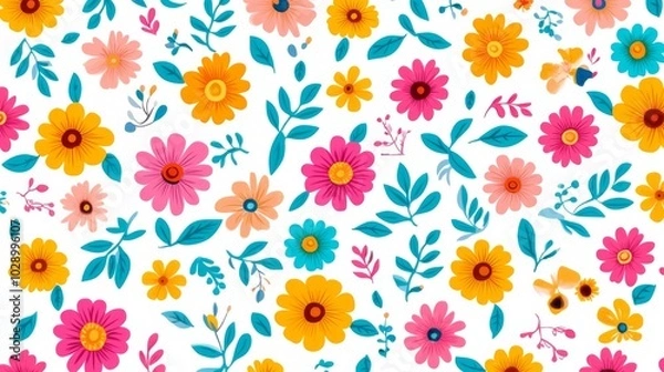 Fototapeta A colorful floral pattern with pink, yellow, and blue flowers. The flowers are arranged in a way that creates a sense of movement and energy. Scene is cheerful and uplifting