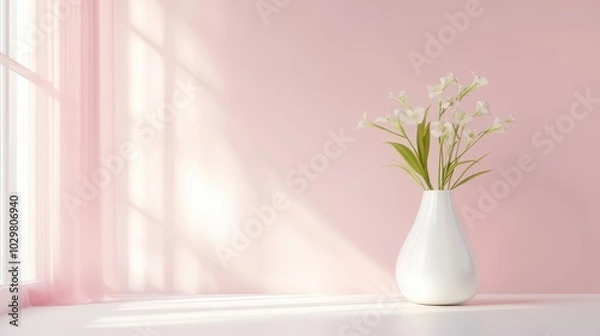 Fototapeta A white vase with flowers sits on a table in a room with a pink wall. The vase is the main focus of the image, and the flowers add a touch of color and life to the space