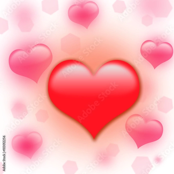 Fototapeta red heart on a white background with a pink bokeh. in the center volumetric red heart. over pink bokeh in the form of hexagons and hearts. blurred background pink spots give dynamics