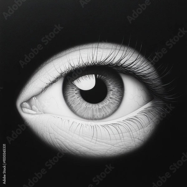 Fototapeta Monochrome eye close-up with detailed textures and lashes on black background