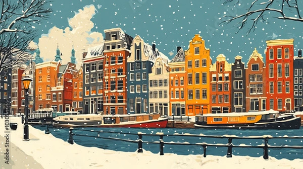 Obraz Rotterdam, Netherlands, classic traditional Christmas wood block print effect. Woodblock Xmas theme printing. Graphic designed, illustration for travel poster, card, wallpaper, backdrop or banner