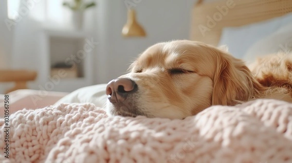 Fototapeta A golden retriever dog sleeps peacefully on a bed, tucked under a blanket.