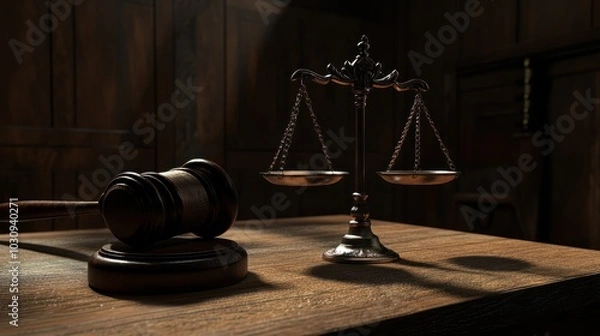 Fototapeta A judge's gavel and scale of justice on a wooden table, useful for law or court-related themes