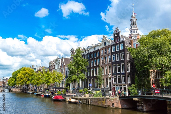 Fototapeta Amsterdam canals and  boats, Holland, Netherlands.