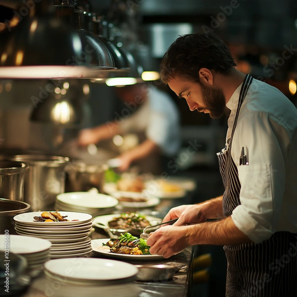 Fototapeta Chef preparing multiple dishes in a busy restaurant kitchen