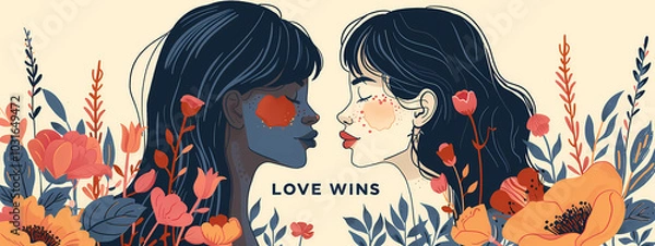 Fototapeta Two women of different ethnicities face each other against a floral backdrop, embodying the message 'Love Wins' in a vibrant and harmonious illustration.