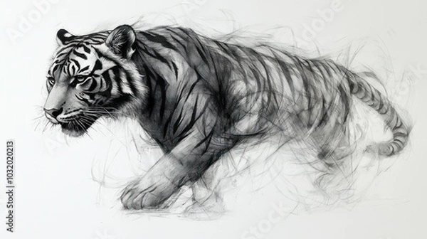 Fototapeta A grayscale drawing of a tiger in a stalking pose, fading into the background.