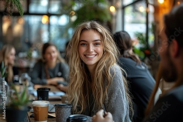 Fototapeta A young woman smiles at the camera while sitting at a cafe table with friends.