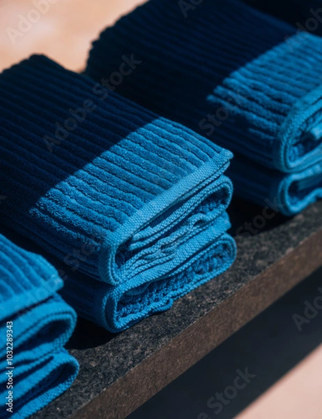 Fototapeta Spa. Blue Cotton Towels Use In Spa Bathroom. Towel Concept. Photo For Hotels and Massage Parlors. Purity and Softness. Towel Textile