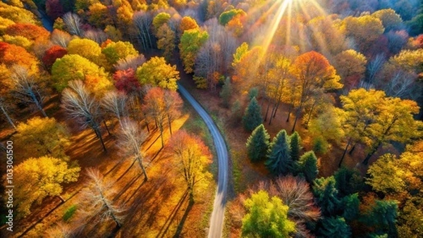 Fototapeta A winding road meanders through a forest adorned with vibrant autumn foliage, bathed in the warm glow of the setting sun, casting long shadows across the colorful landscape.