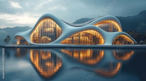 Fototapeta Modern architectural structure with flowing forms reflecting in water, surrounded by mountains.