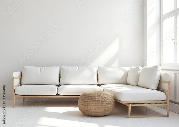 Fototapeta A stylish wicker and fabric pouf sits comfortably beside a pristine white corner sofa in a minimalist modern living space.