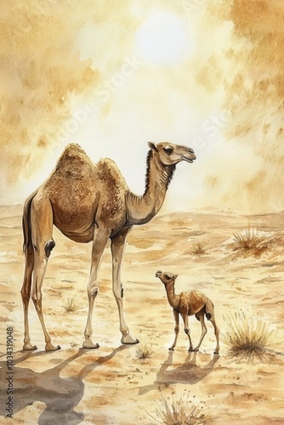 Fototapeta Watercolor illustration of a camel mother and calf in a sunlit desert landscape with soft earthy shades and shadows