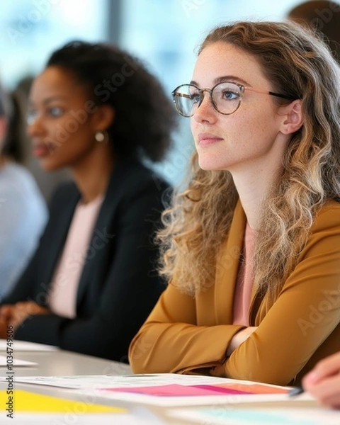 Fototapeta Female executives collaborate in workshop environment. Leadership skills and exploring innovative perspectives to drive professional growth and organizational success. Diverse group of women leaders.