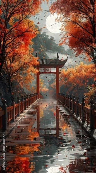 Fototapeta Autumn Reflections: A Tranquil Bridge in a Japanese Garden