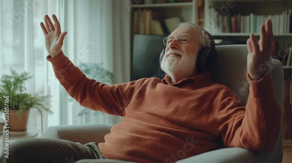 Fototapeta Elderly man enjoying music at home, sitting in an armchair and wearing headphones