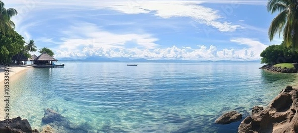 Fototapeta Idyllic Tropical Paradise with Bungalow, White Sand Beach, Turquoise Water, and Blue Sky. Fiji