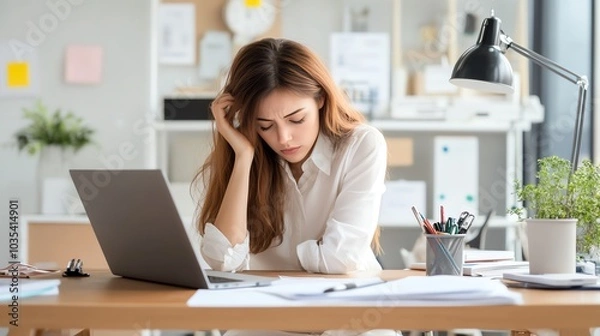 Fototapeta A woman in a white shirt sits at a desk, looking tired while working on a laptop.