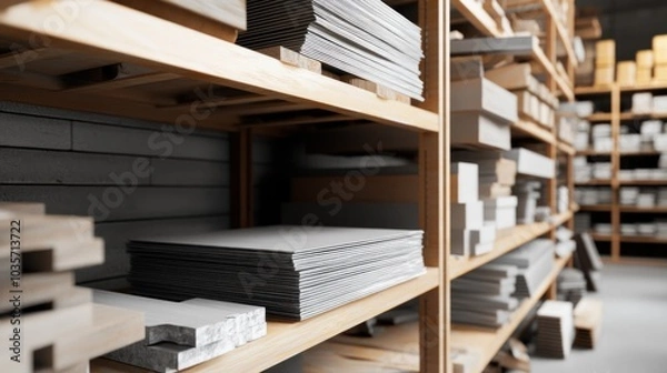 Fototapeta A warehouse filled with neatly organized stacks of various materials on wooden shelves.